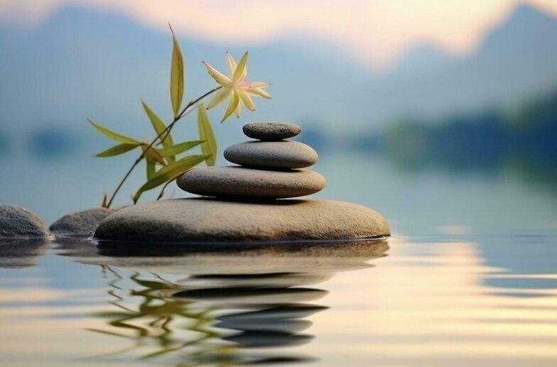 Stacked stones and a bamboo stem reflected in still water