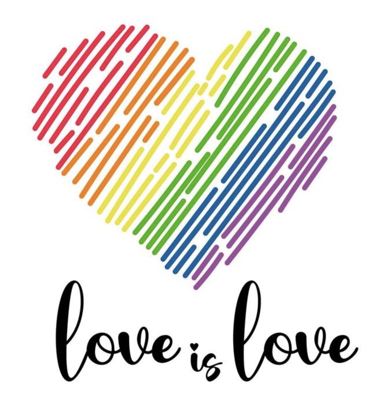 Rainbow heart illustration with the words love is love