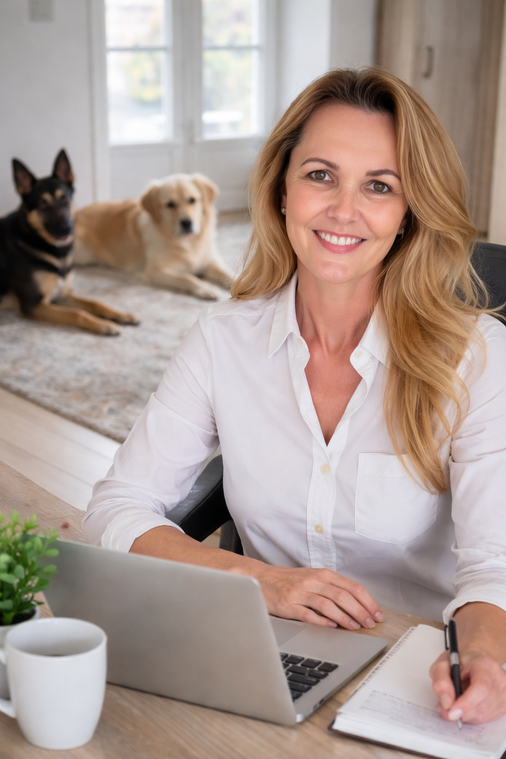 Claudia Fall at her desk with her dog beside her